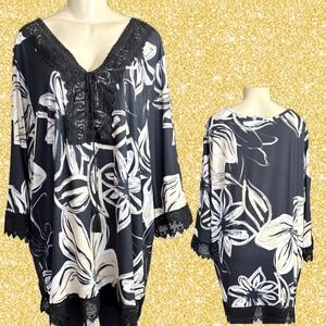 Catherines +3X Black Floral Tunic Top Crochet Lace Trim V-Neck Tassel 3/4 Sleeve